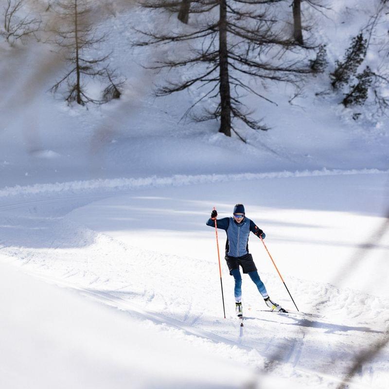 Cross-country skier gliding on snowy trail through winter forest in sunlight